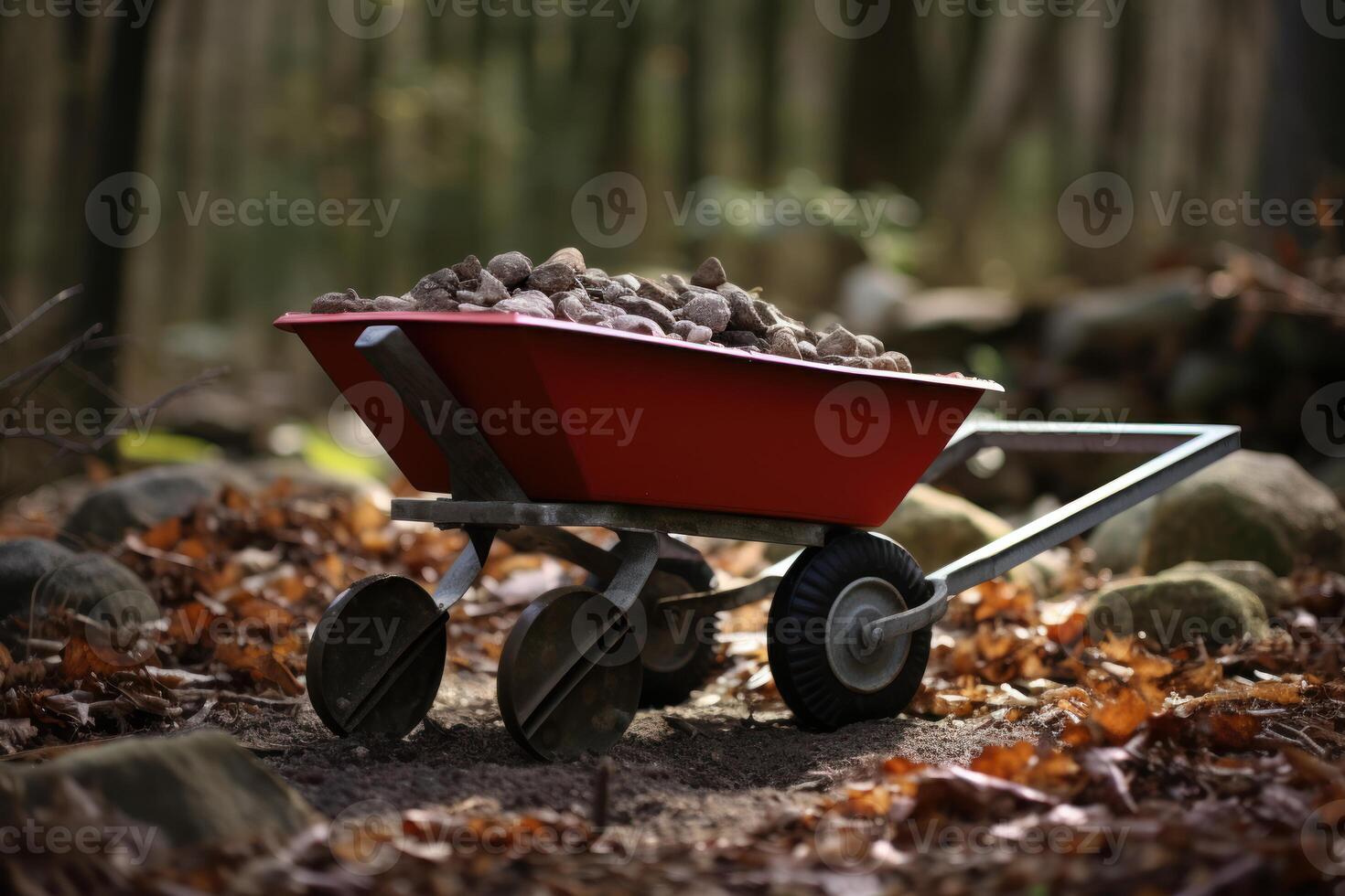 Red wheelbarrow carrying rocks in forest setting photo