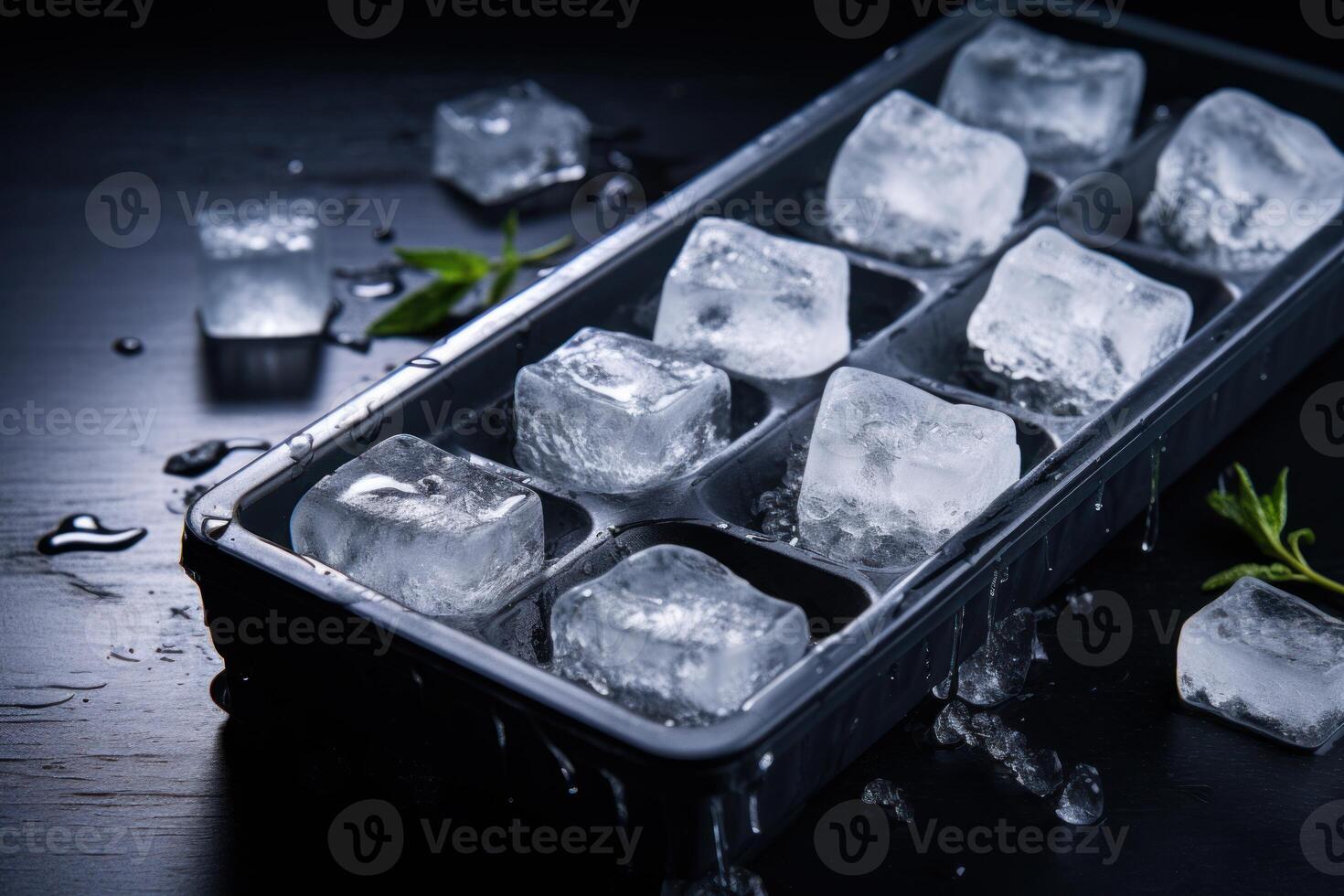Ice cube tray releasing melting ice cubes on dark wooden table photo