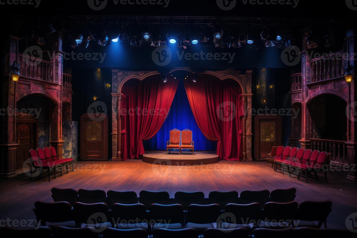 Majestic theater stage setting with red curtains and two thrones awaiting actors photo
