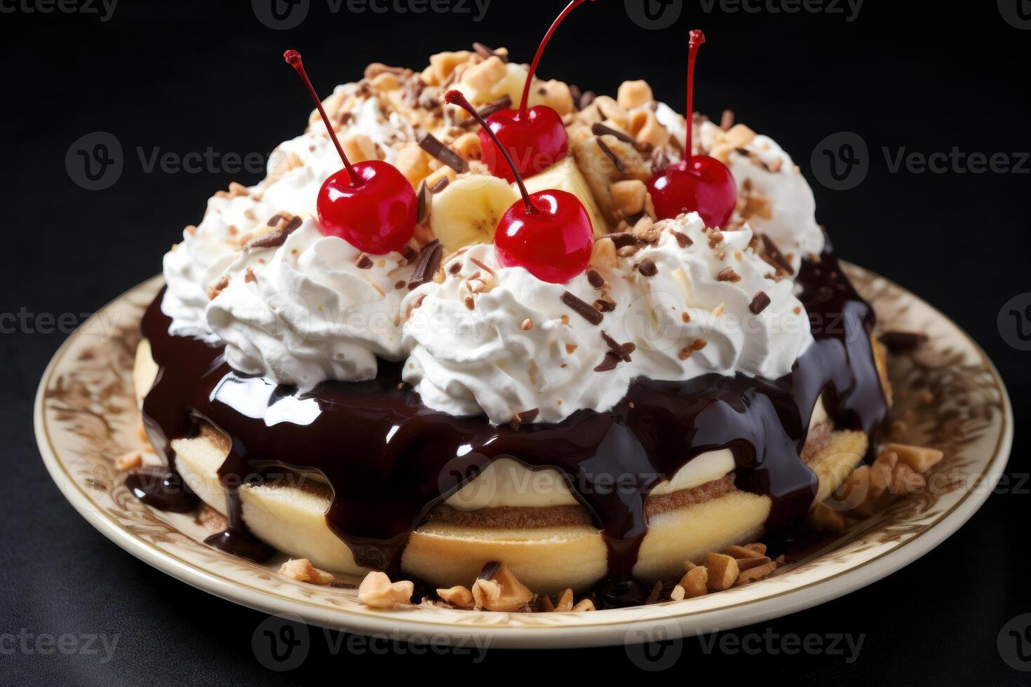 Delicious waffle ice cream sundae dripping chocolate sauce and whipped cream photo