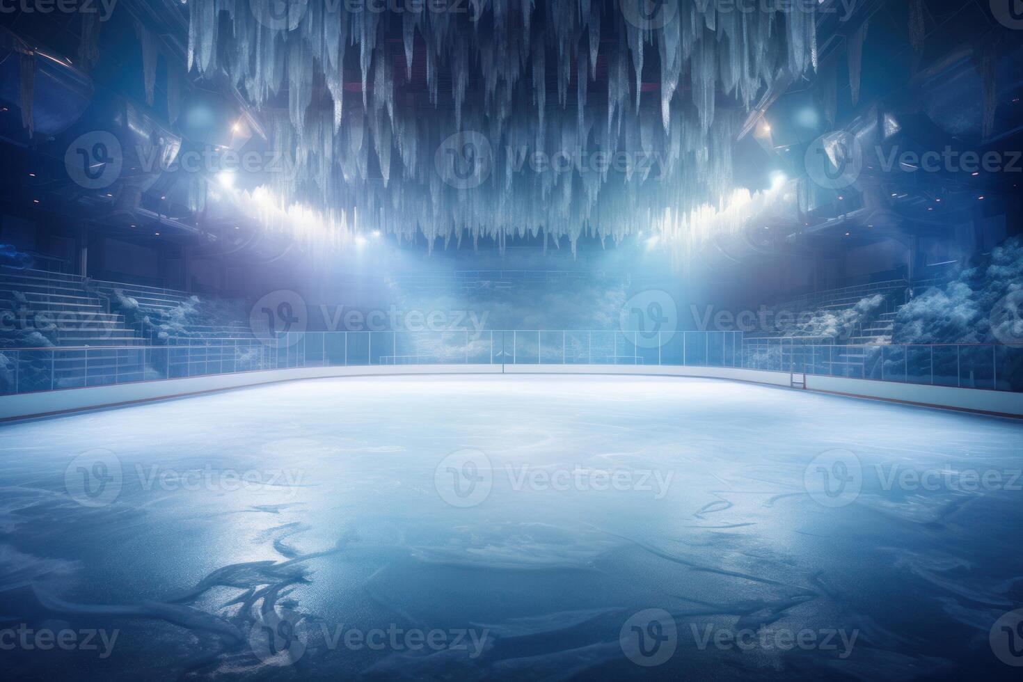 Empty ice hockey rink with icicles hanging from ceiling and dramatic lighting photo