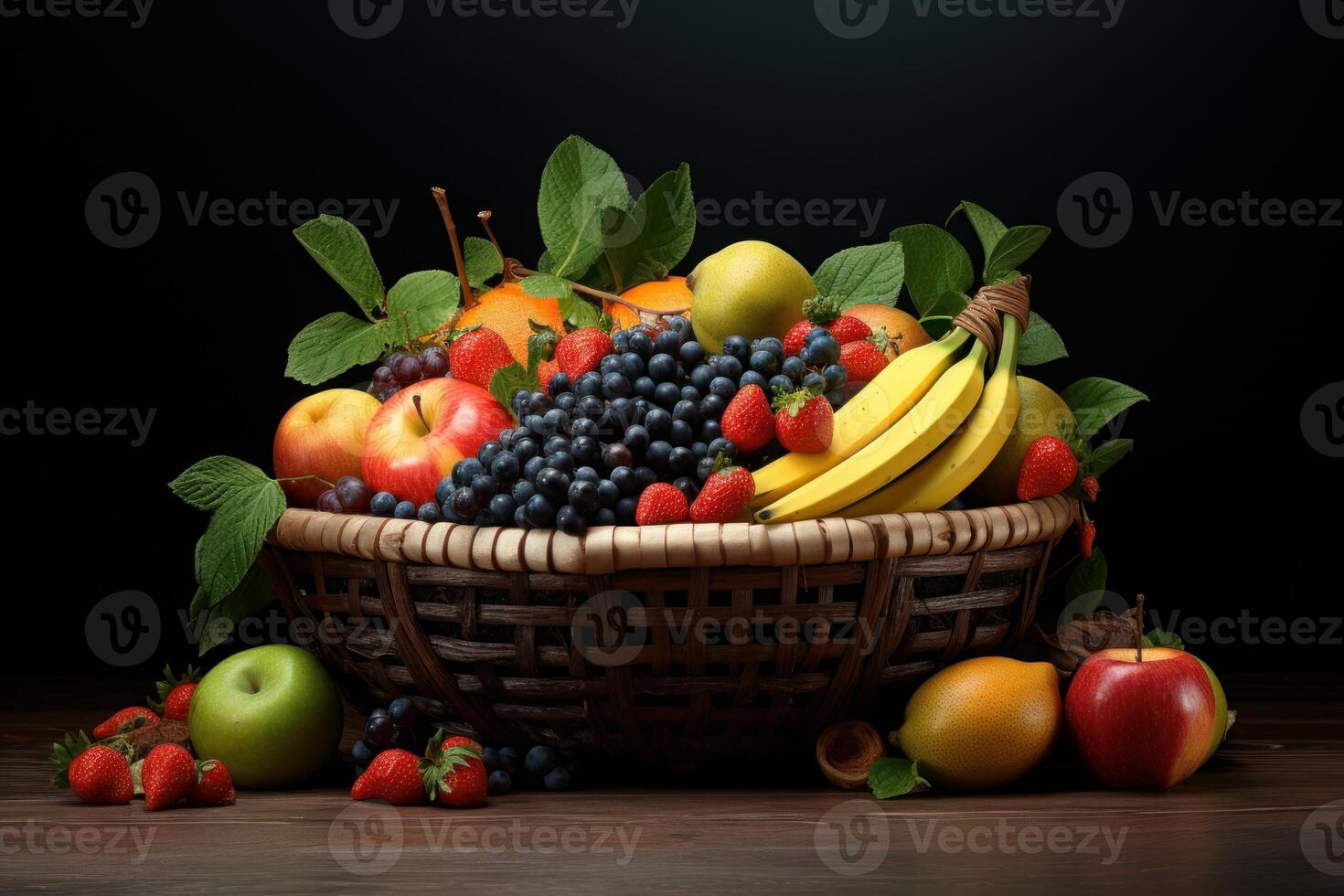 Wicker basket overflowing with fresh fruit on wooden table photo