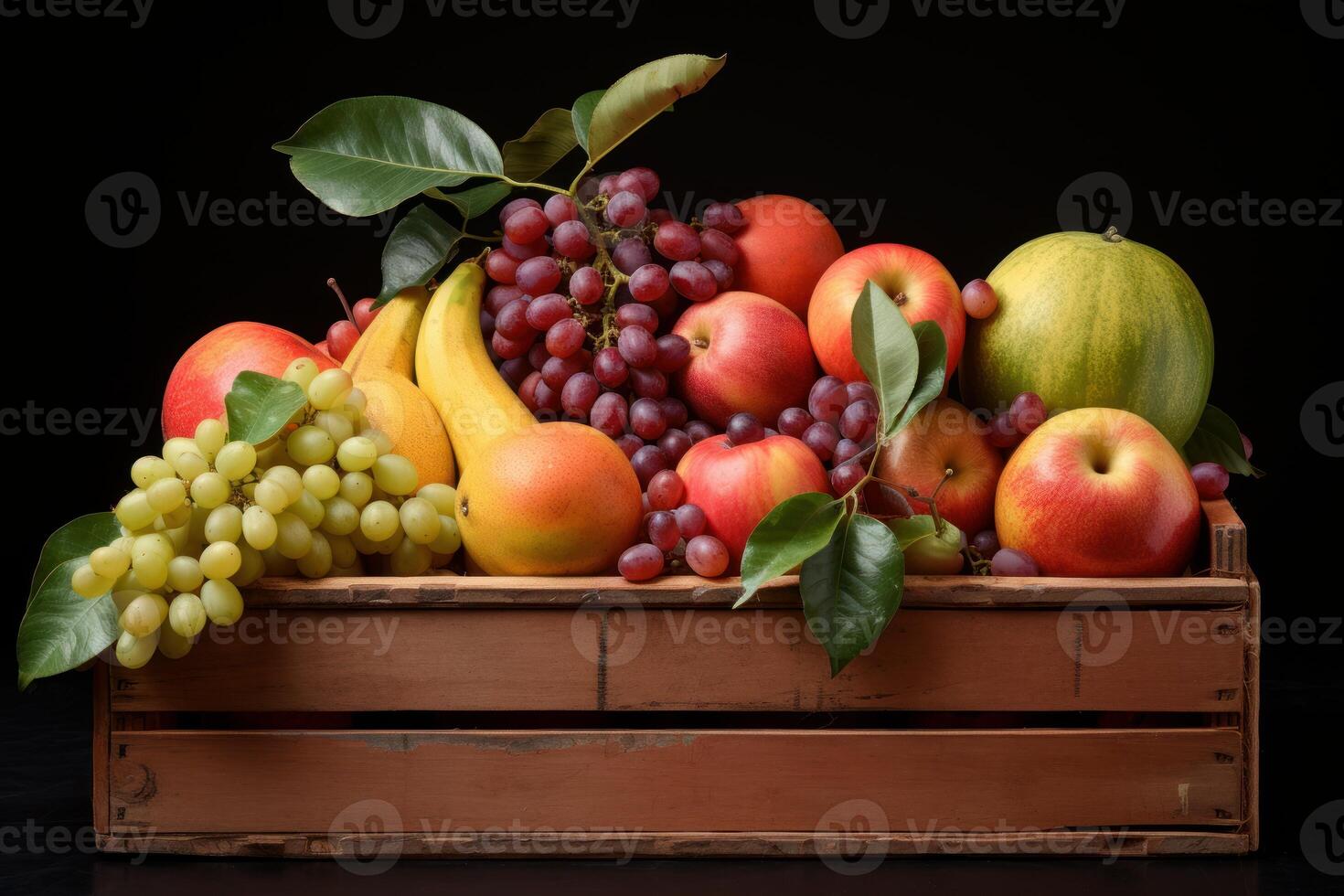 Wooden crate overflowing with fresh colorful fruits on black background photo