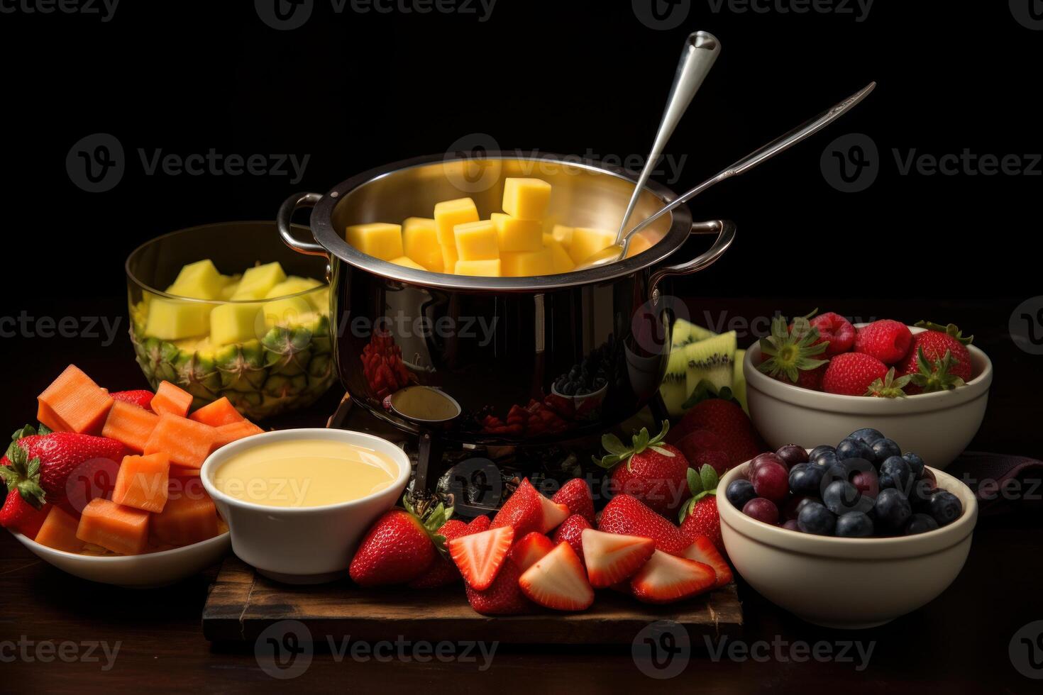 Preparing delicious fruit fondue with various dipping options photo