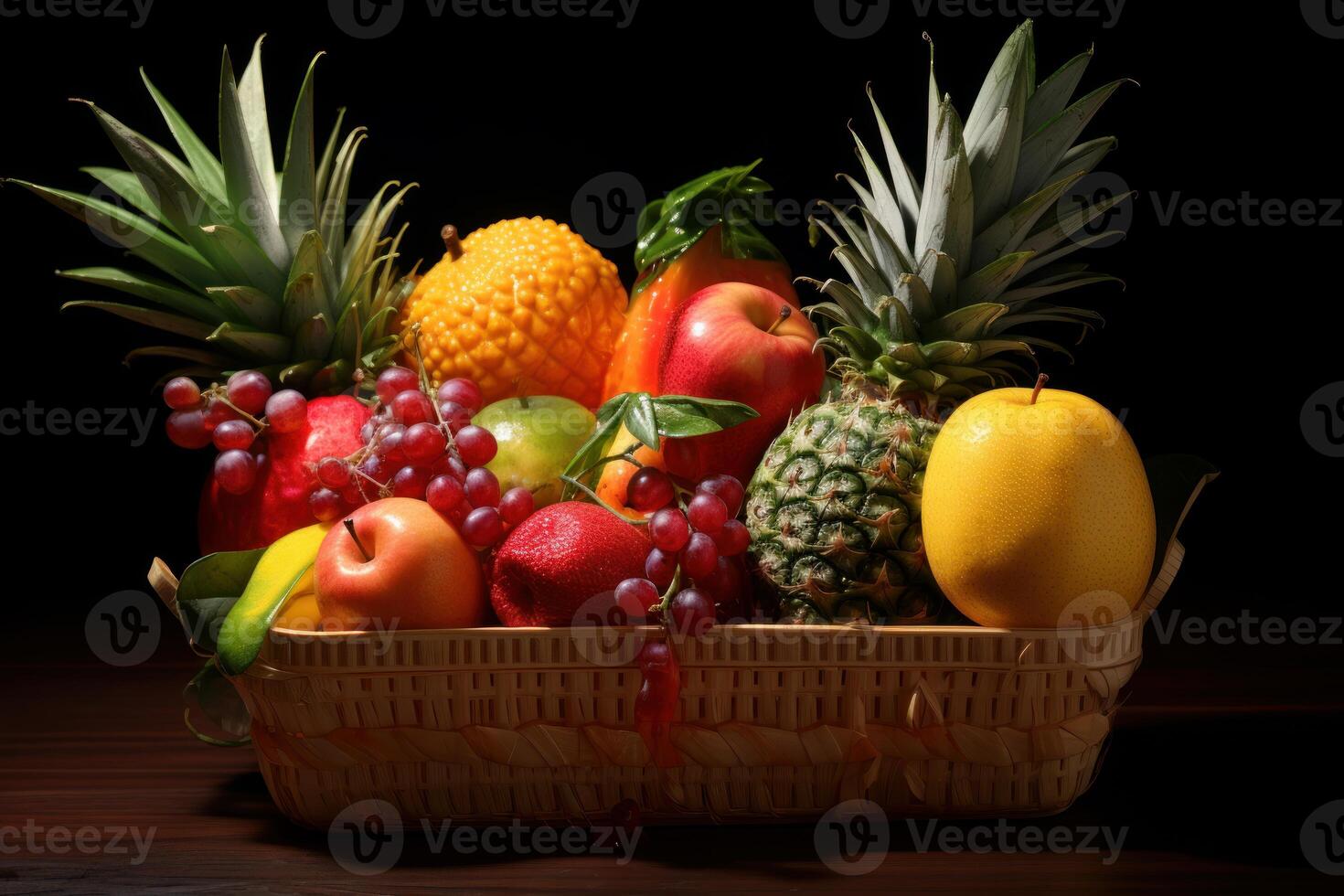 A basket filled with various fruits on a dark background photo