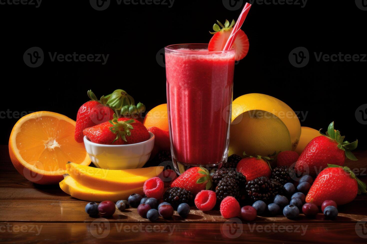 Delicious red fruit smoothie surrounded by fresh fruits on wooden table photo