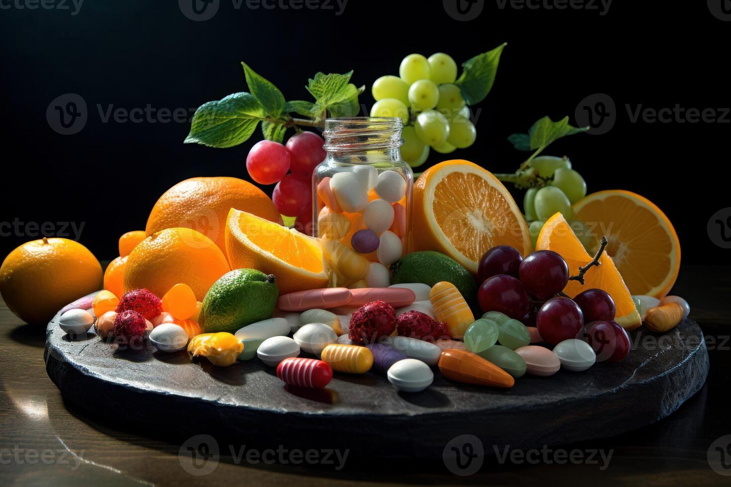 Vitamins spilling out of a jar surrounded by fresh fruit on a black slate photo
