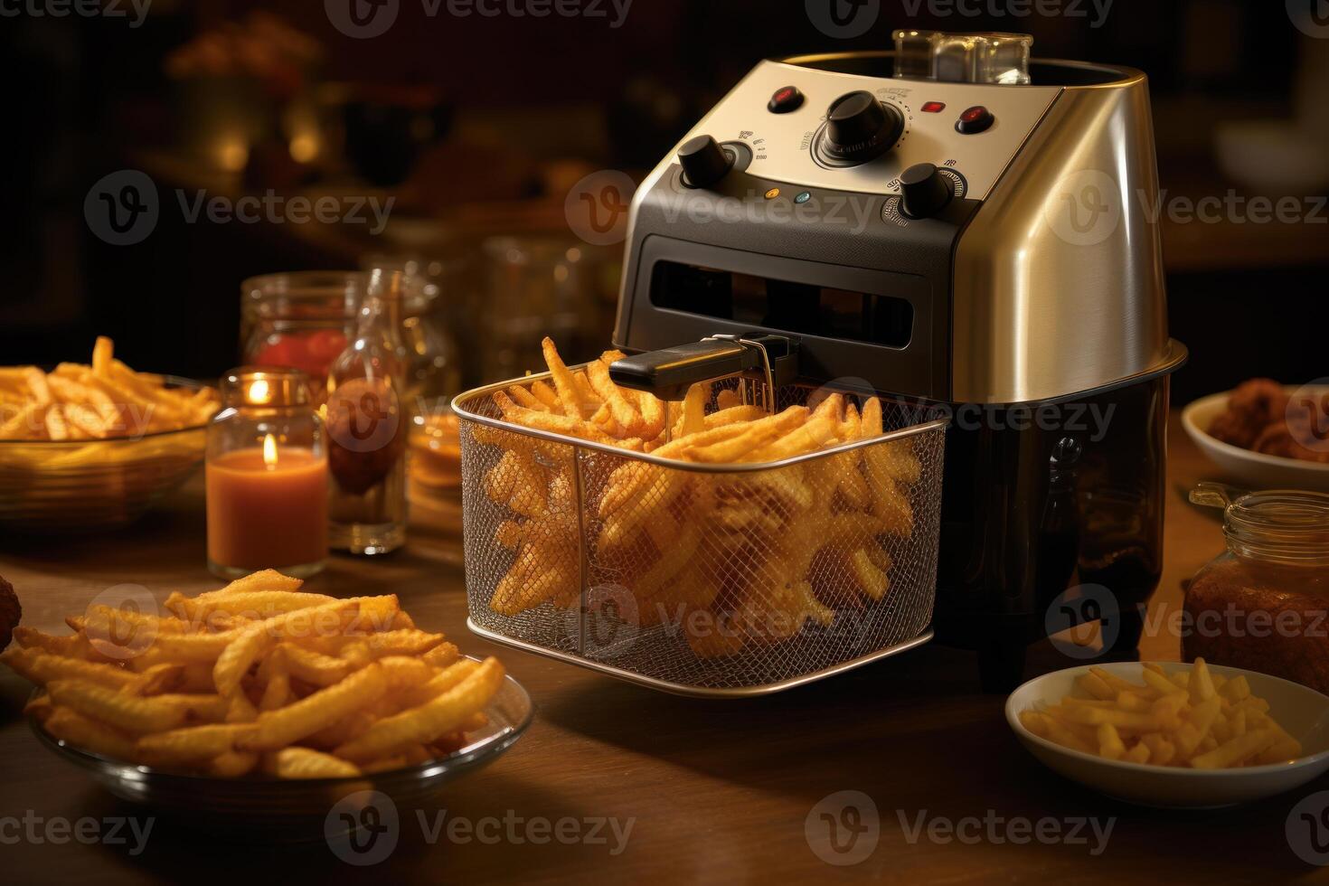 Deep fryer preparing delicious french fries on kitchen counter photo