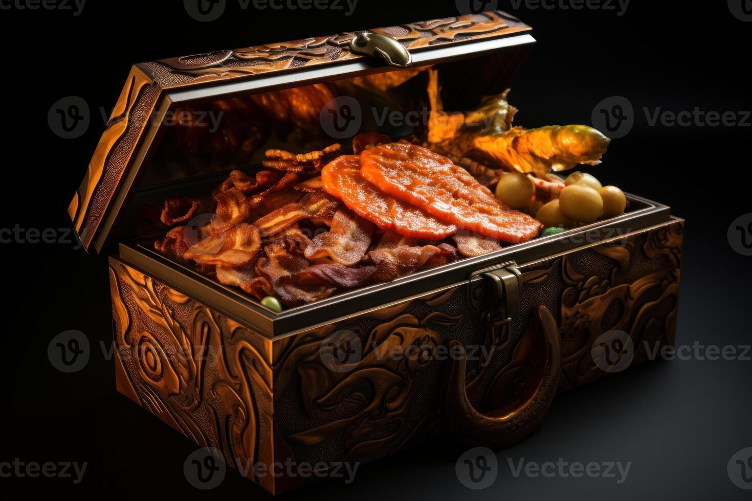 Treasure chest overflowing with delicious bacon, sausage, and potatoes photo