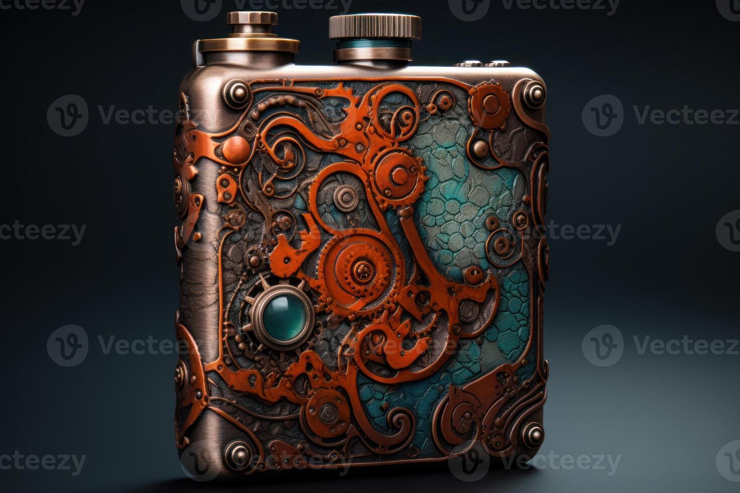 Steampunk flask showcasing intricate copper and turquoise design on dark background photo