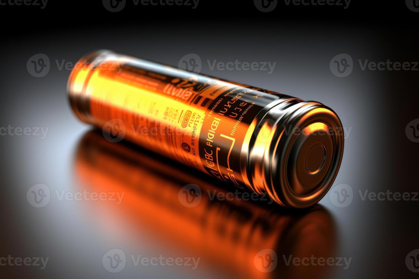 Glowing battery lying on reflective surface embodies stored energy photo