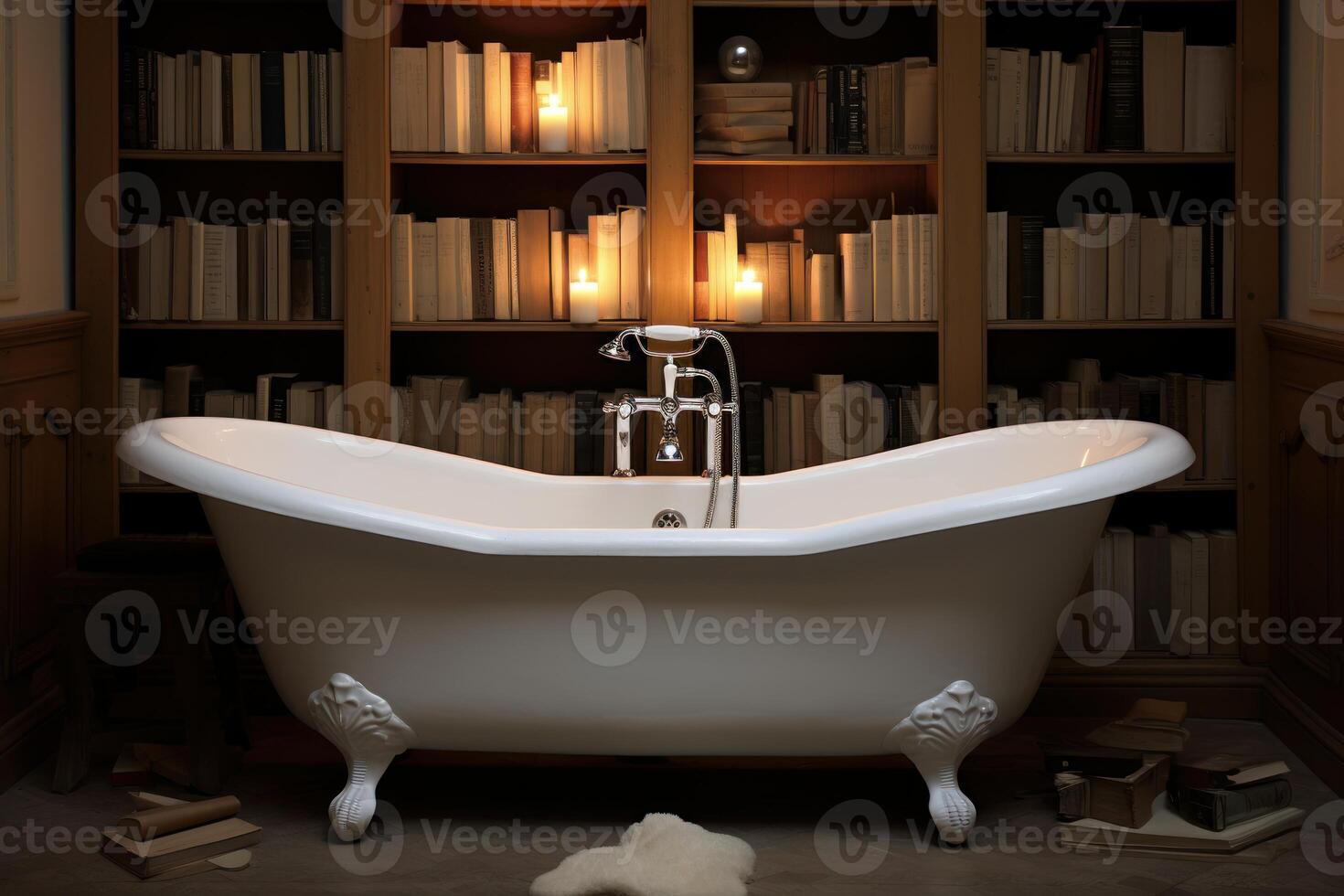 Clawfoot bathtub in library with lit candles creating relaxing atmosphere photo