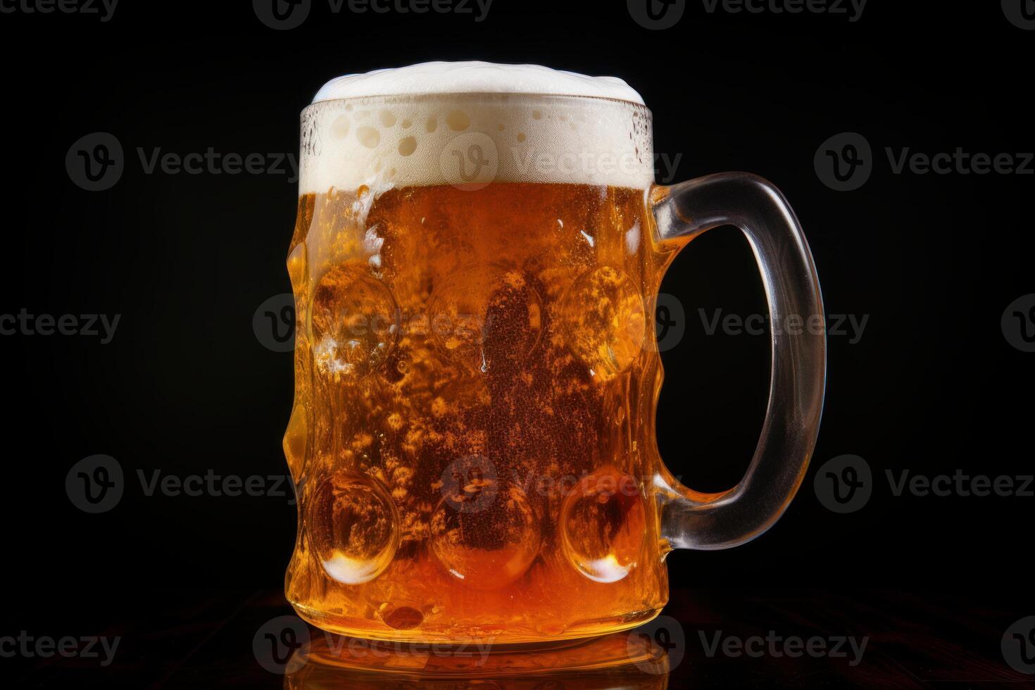 Large beer mug overflowing with frothy golden lager on black background photo