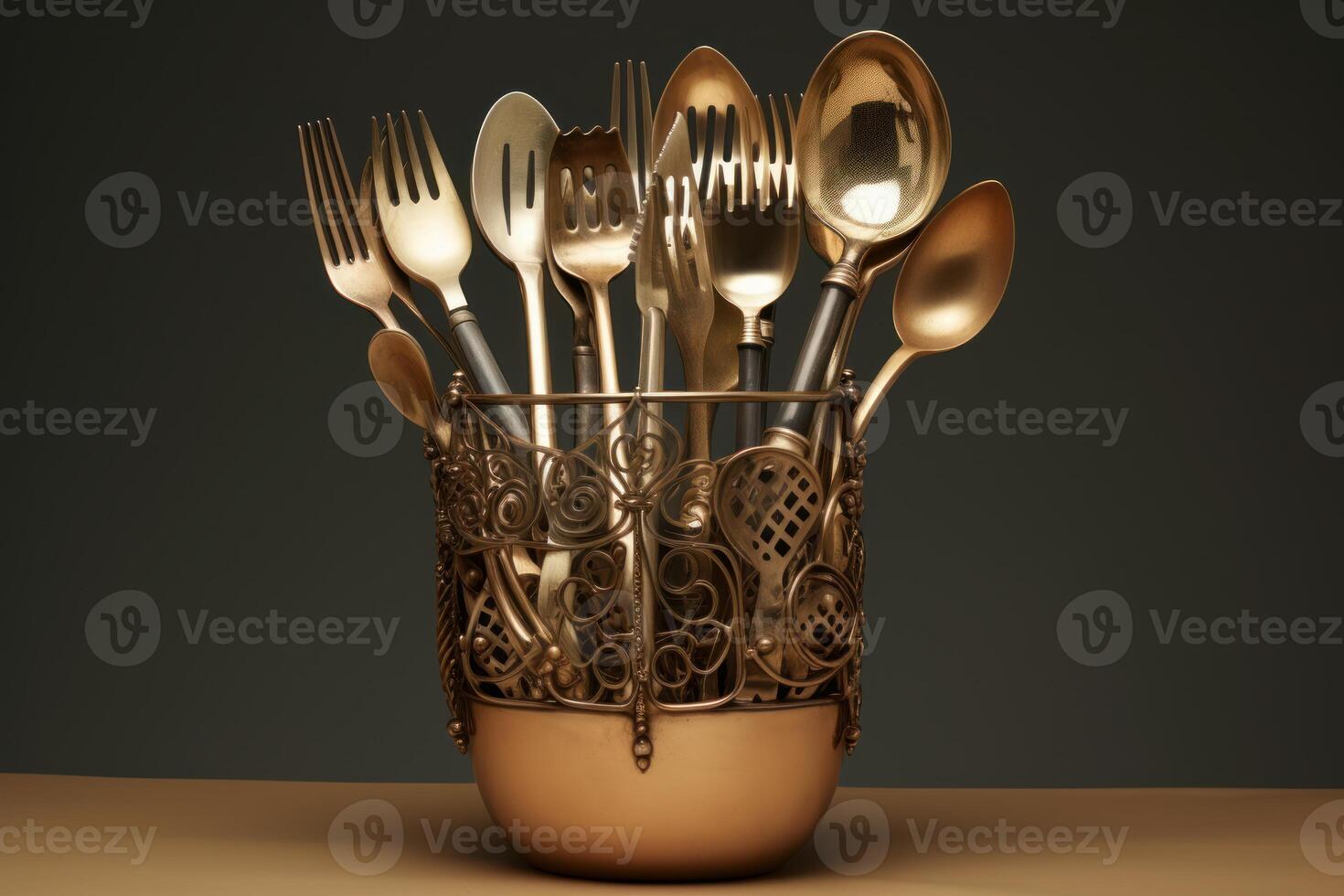 Golden cutlery set rests in an ornate holder, forks, spoons, and serving utensils ready for use photo