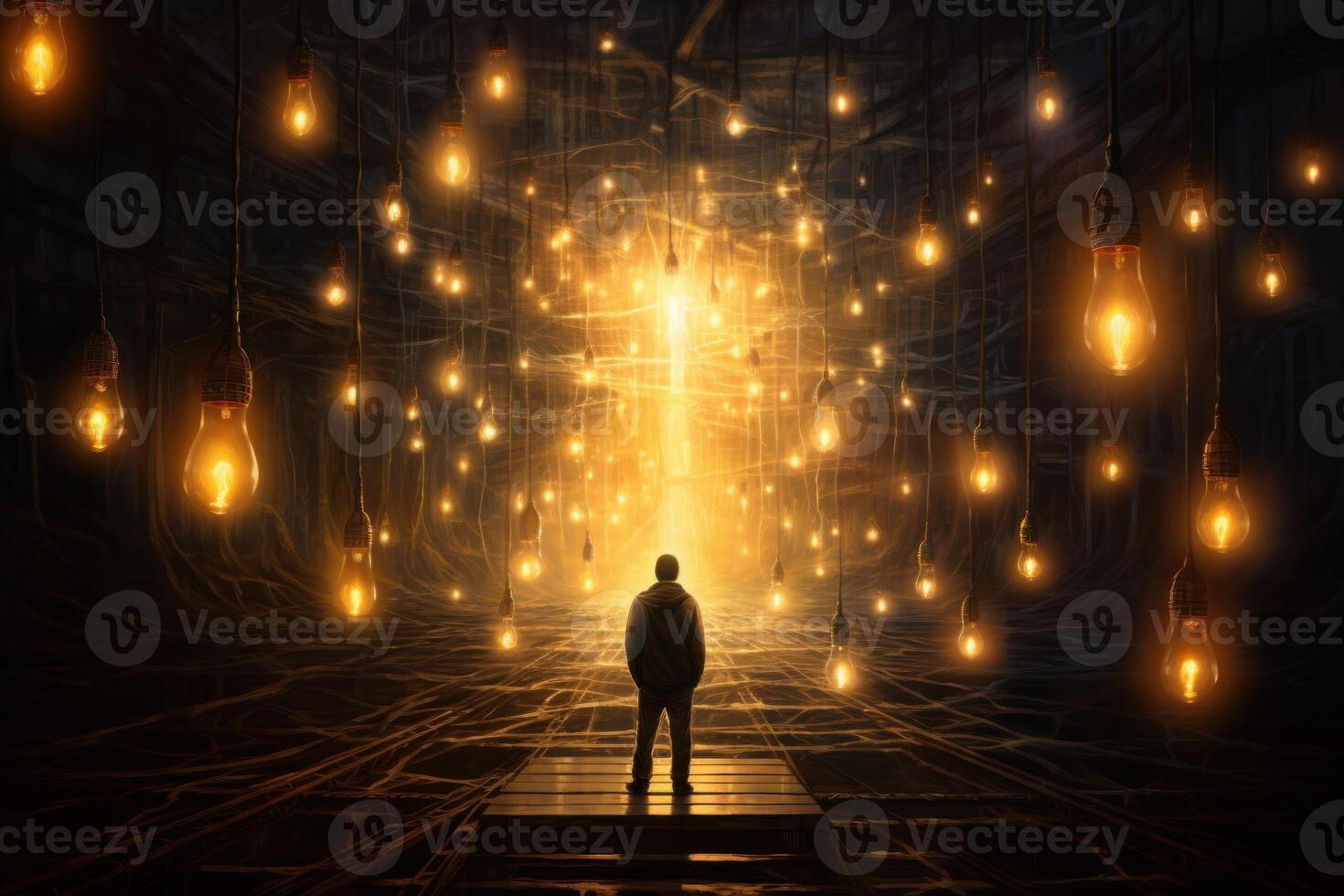 Man standing on wooden platform looking at bright light at the end of dark tunnel illuminated by hanging light bulbs photo