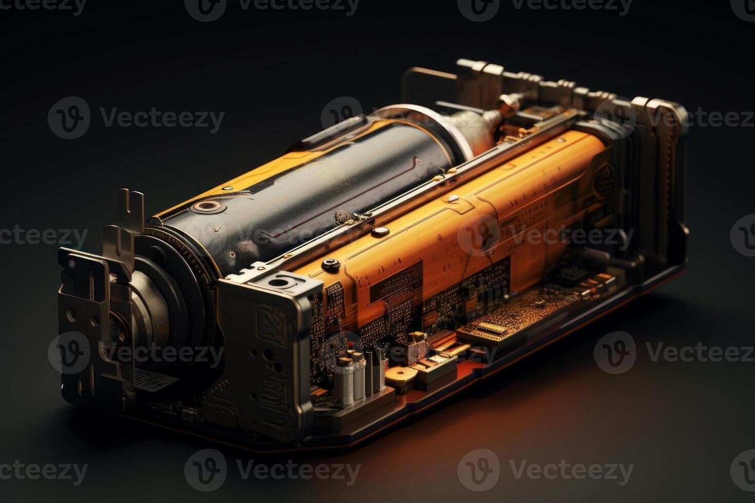 Futuristic device exposing complex circuitry and engineering photo