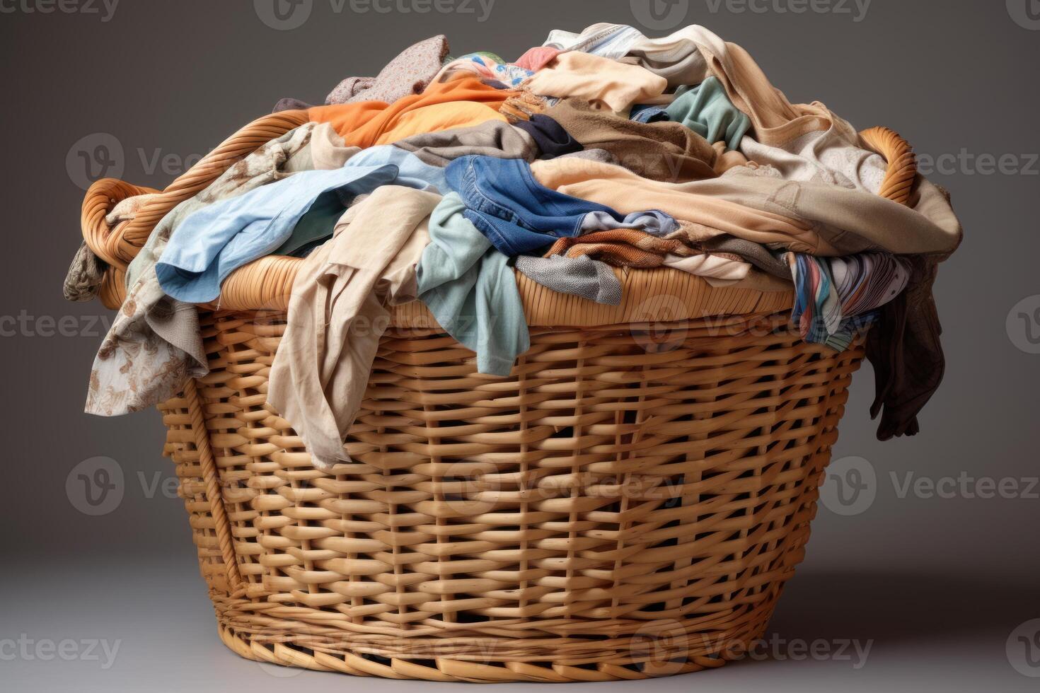 Overflowing laundry basket filled with clothes waiting to be washed photo