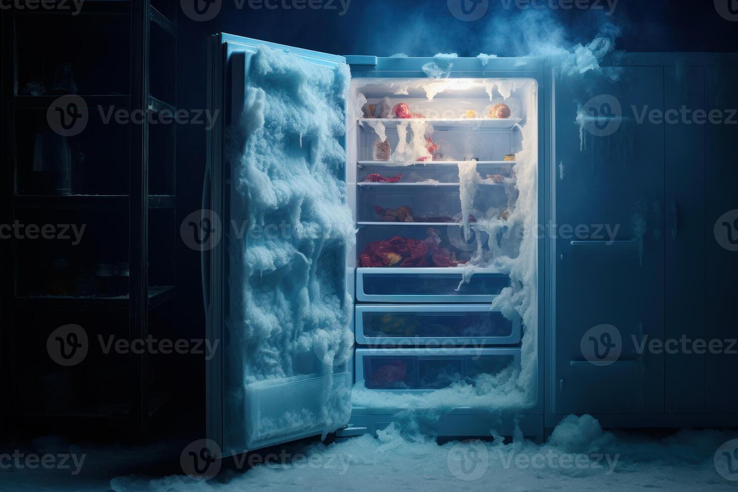 Open refrigerator covered with ice and spoiled food inside showing problems with cooling system photo