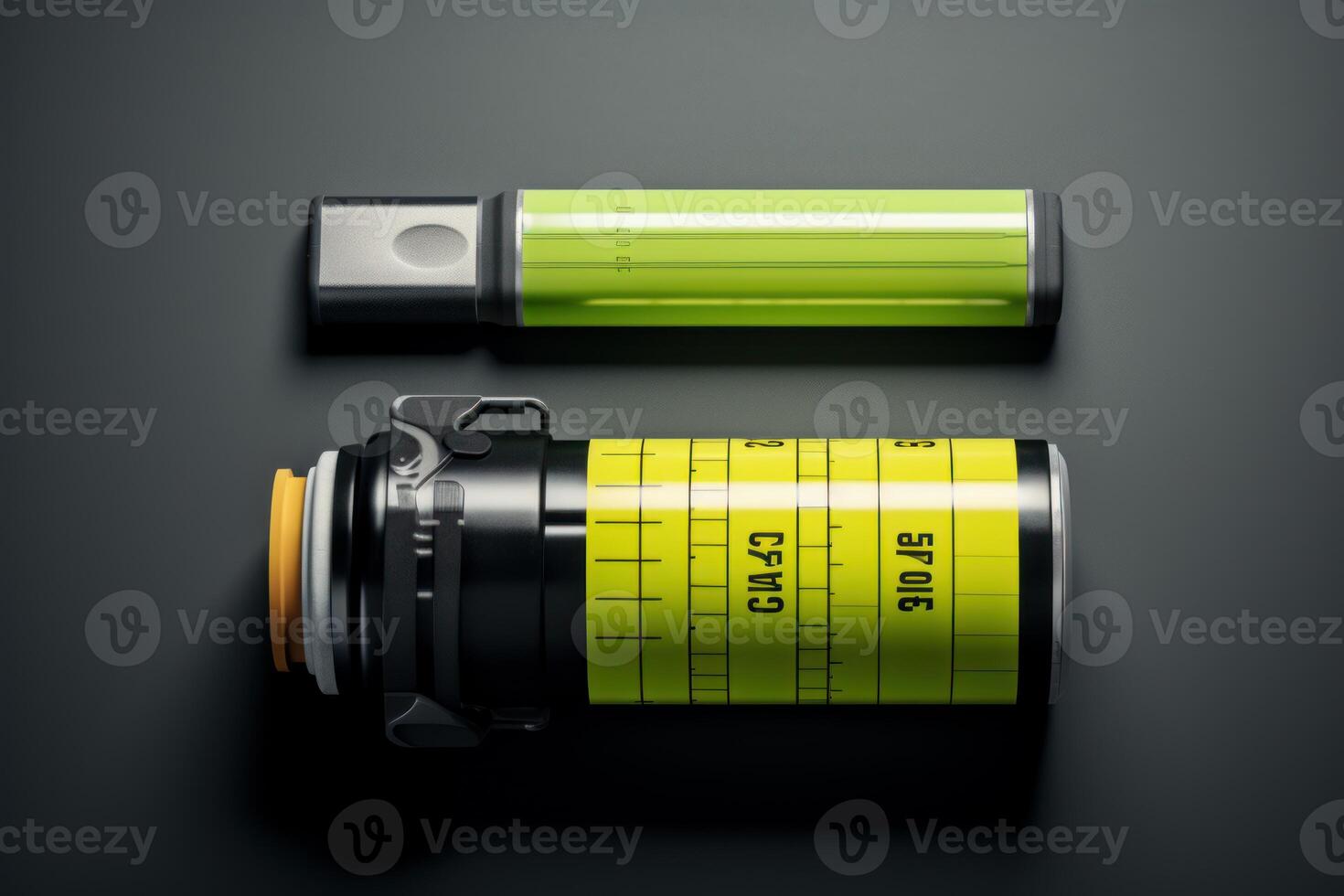 Two radioactive material containers lying on a table emitting a green glow photo