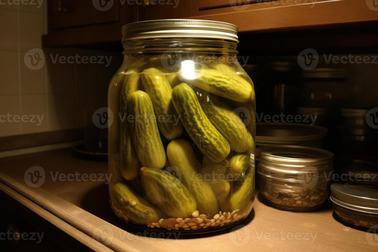 Preserving freshness, a glass jar brimming with pickled cucumbers in a rustic kitchen photo