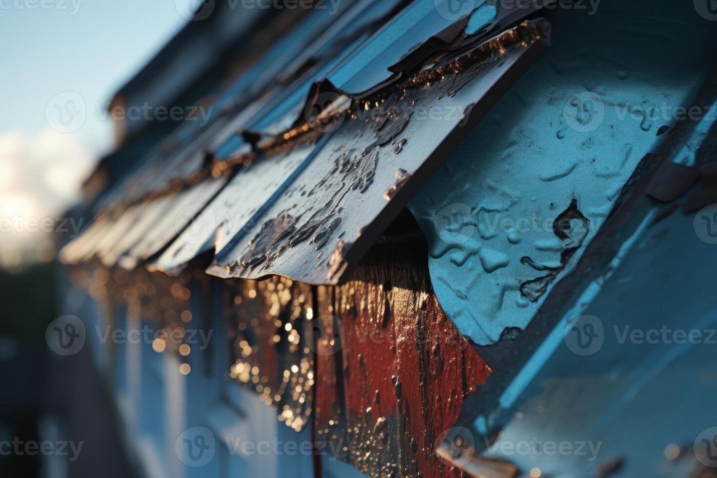Rusty and peeling paint on old metal roof at sunset photo