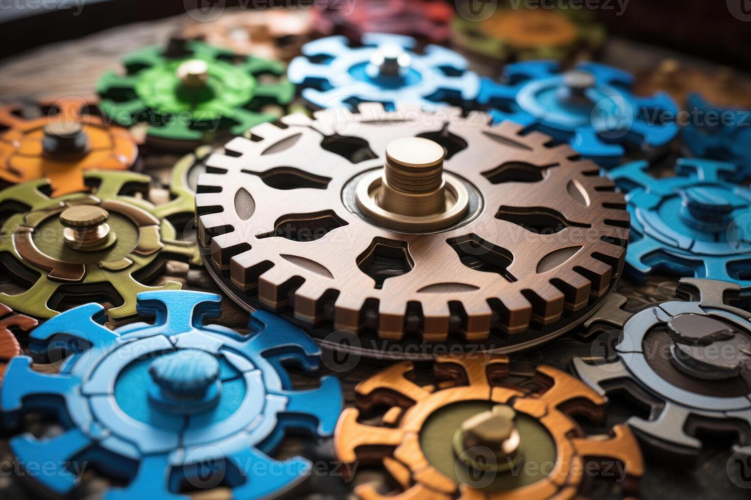 Colorful interlocking gears working together in perfect harmony photo