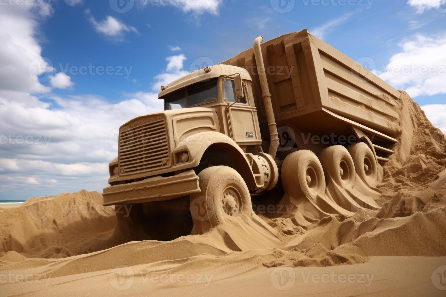 Sand truck emerging from a sand dune on a sunny beach photo