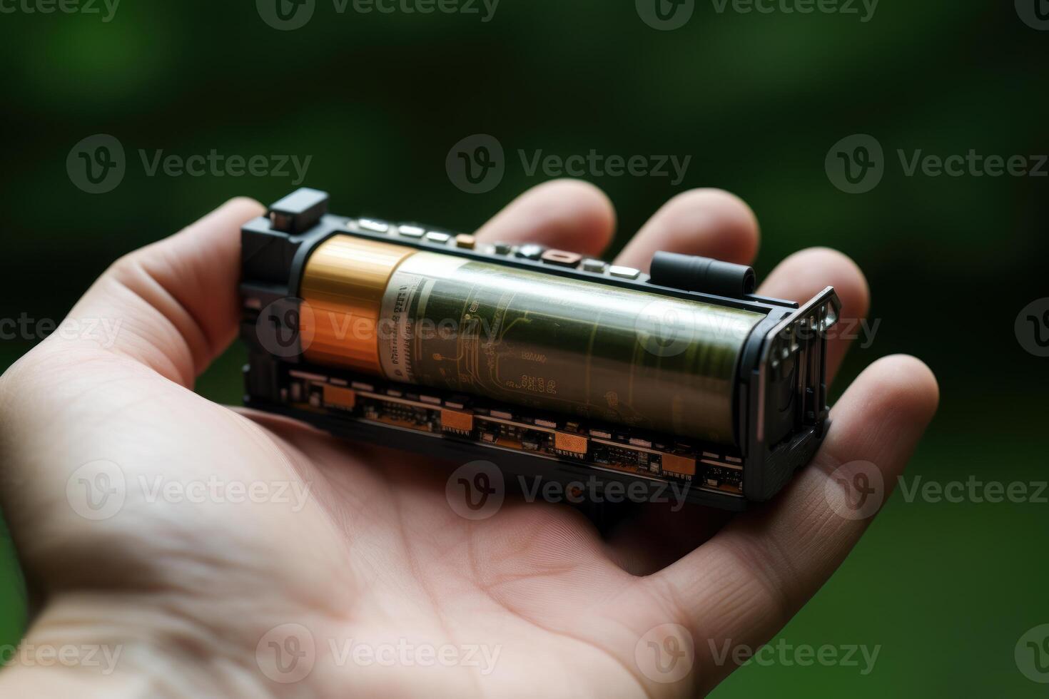 Technician holding disassembled lithium battery showing internal components photo