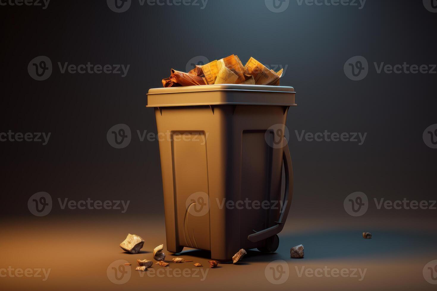 Overflowing trash can with crumpled paper and debris illustrating waste management issues photo