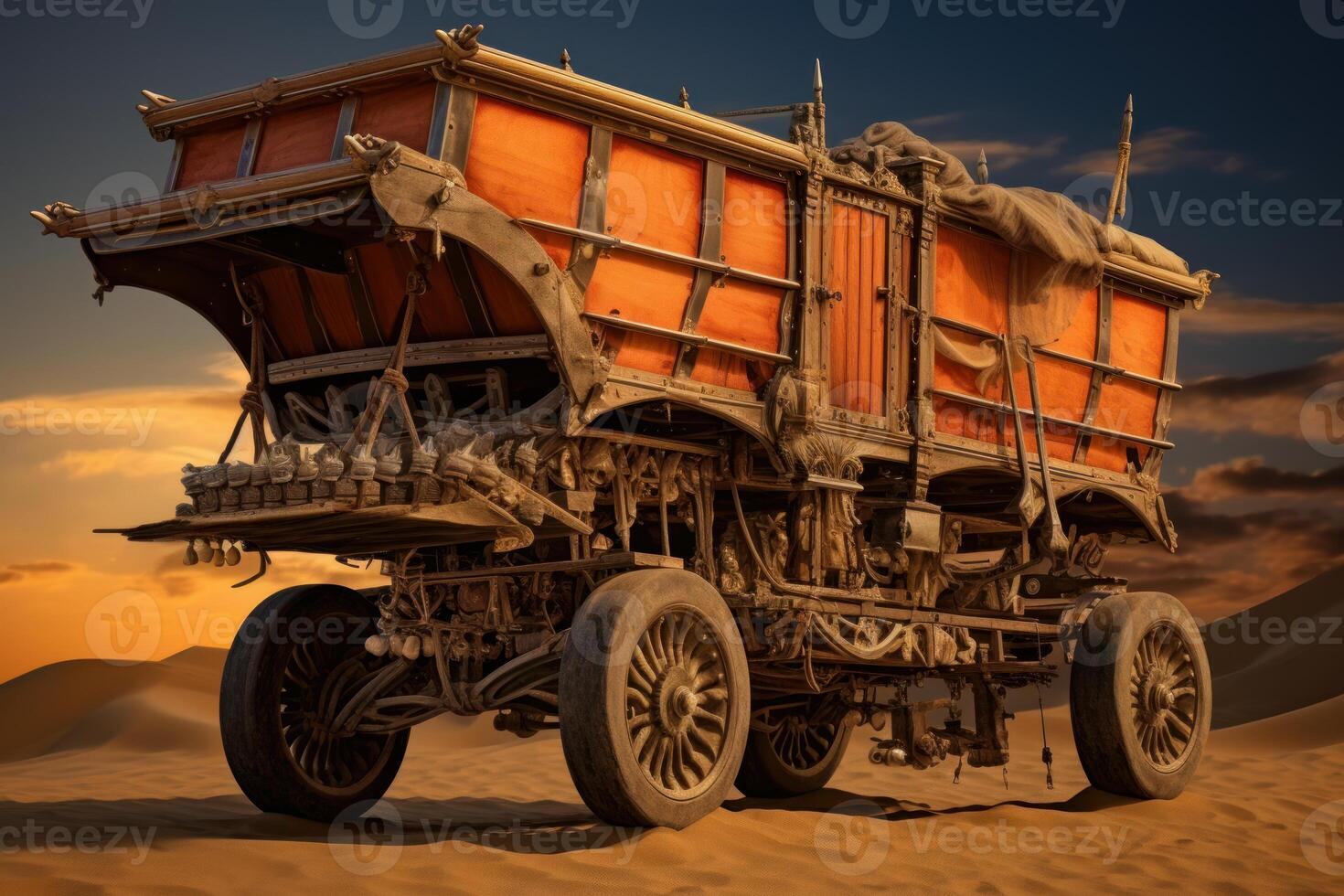 Steampunk style vehicle crossing desert dunes at sunset photo