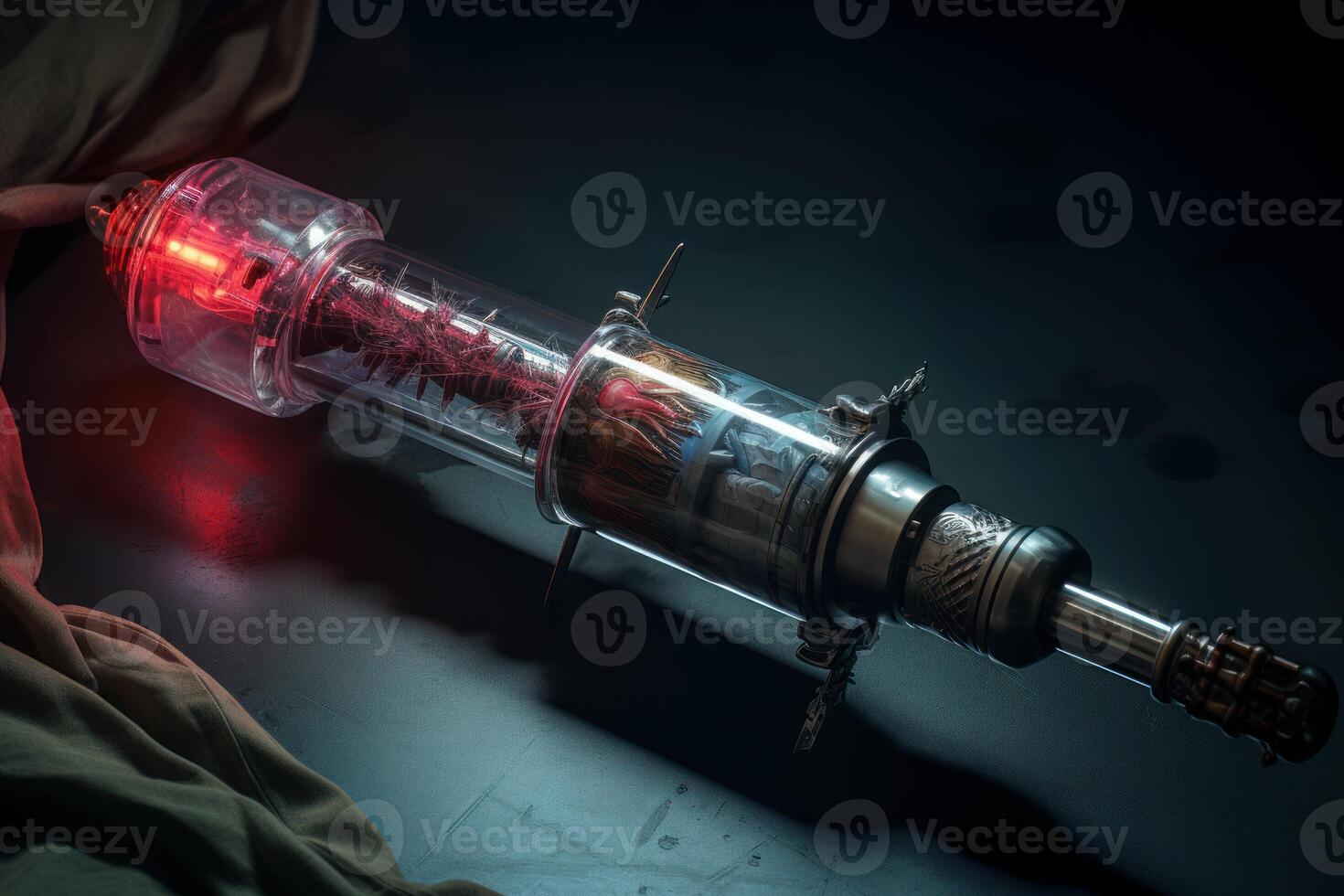 Steampunk style syringe containing mysterious red glowing substance and plant photo