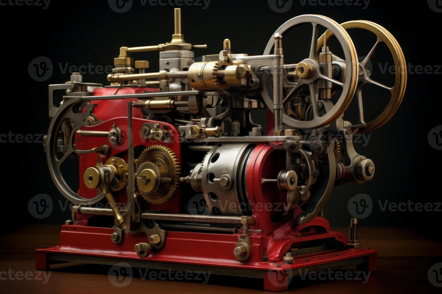 Complex red and brass industrial machine with gears and wheels displaying manufacturing prowess photo