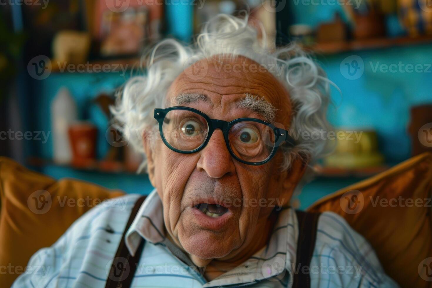 Surprised senior man showing astonishment and excitement at home photo