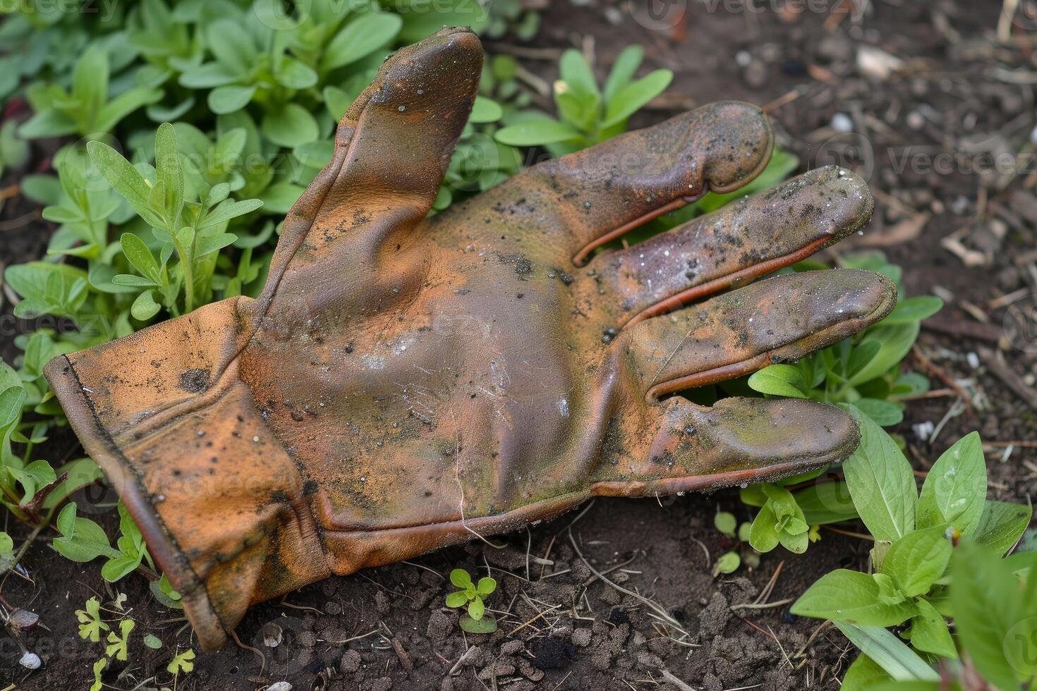 Dirty gardening glove lying on the ground photo