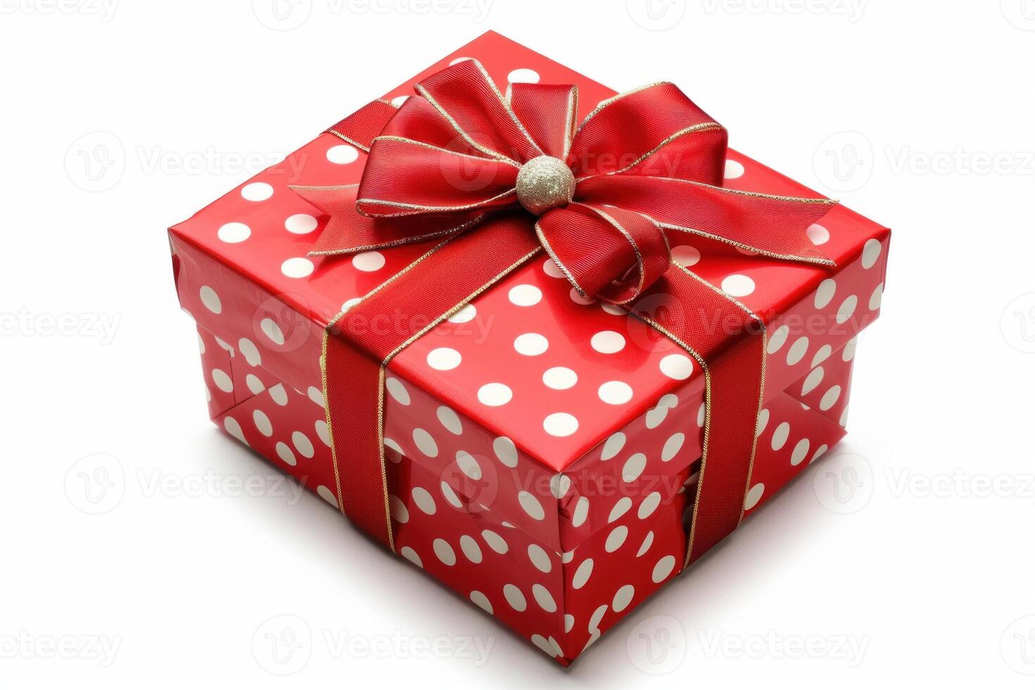 Red gift box with polka dots and ribbon bow celebrating special occasions photo