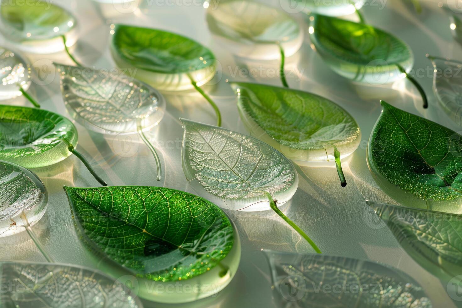 Transparent and green resin leaves creating an eco friendly pattern photo