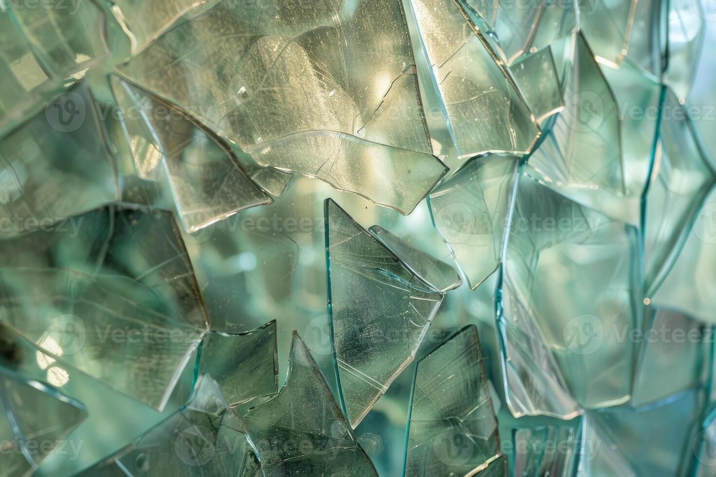 Broken glass shards creating abstract textured background with light passing through photo
