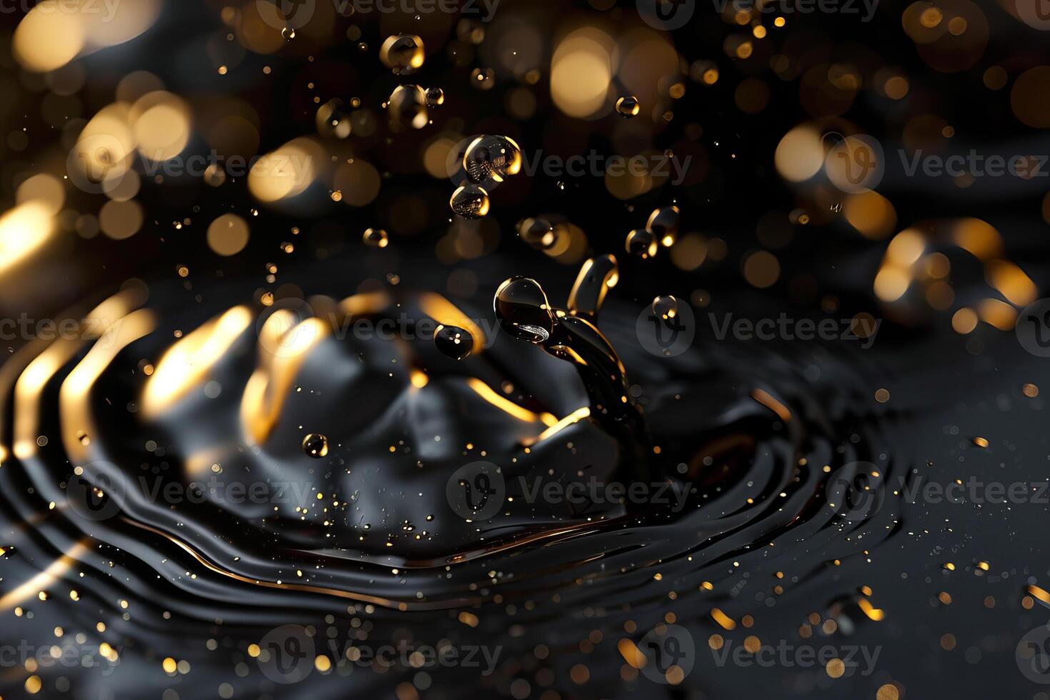 Dark liquid splashing with golden reflections and bubbles photo
