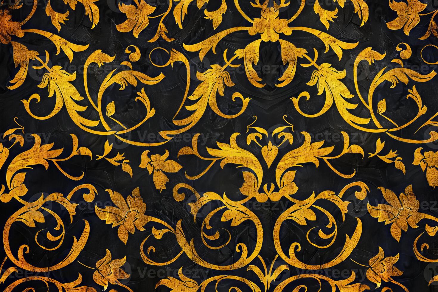 Golden floral ornament on black marble background repeating pattern photo