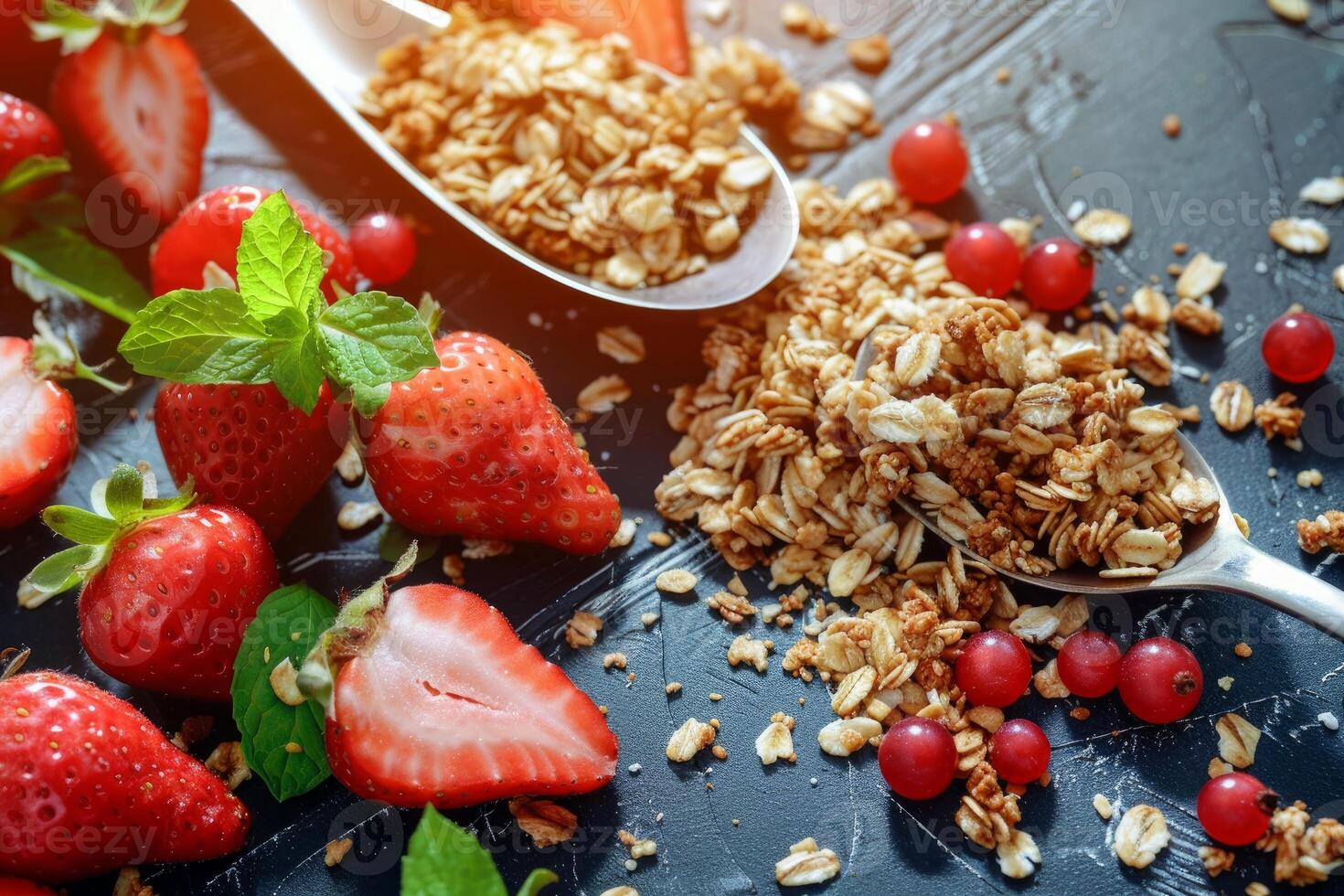 Spoons overflowing with granola, fresh strawberries and red currants creating a healthy breakfast scene photo