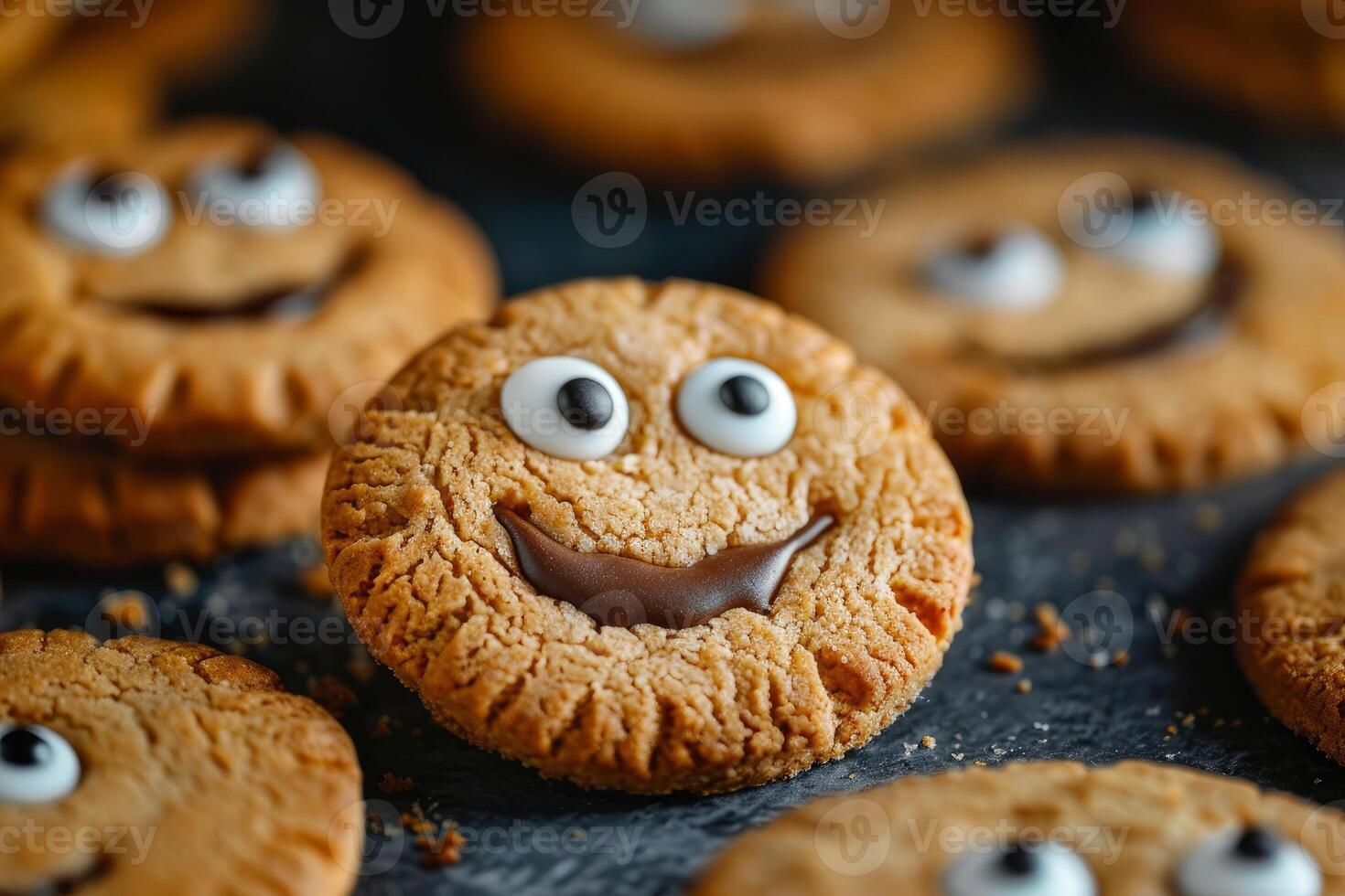 Funny smiling peanut butter cookies with chocolate and candy eyes resting on dark surface photo