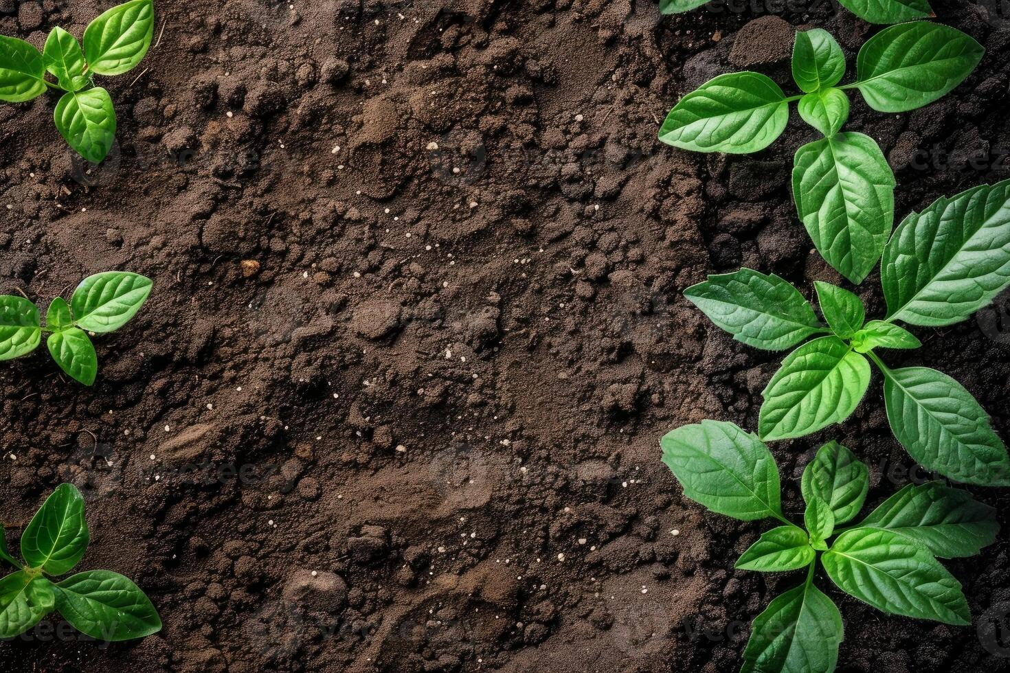 Young plants growing in fertile soil, agriculture and gardening concept photo