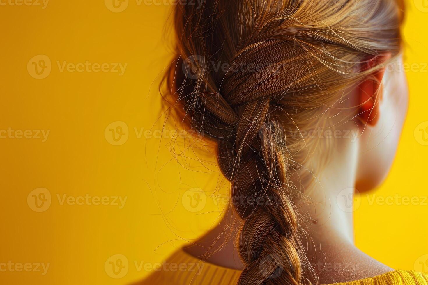 Woman with long braided red hair on yellow background photo