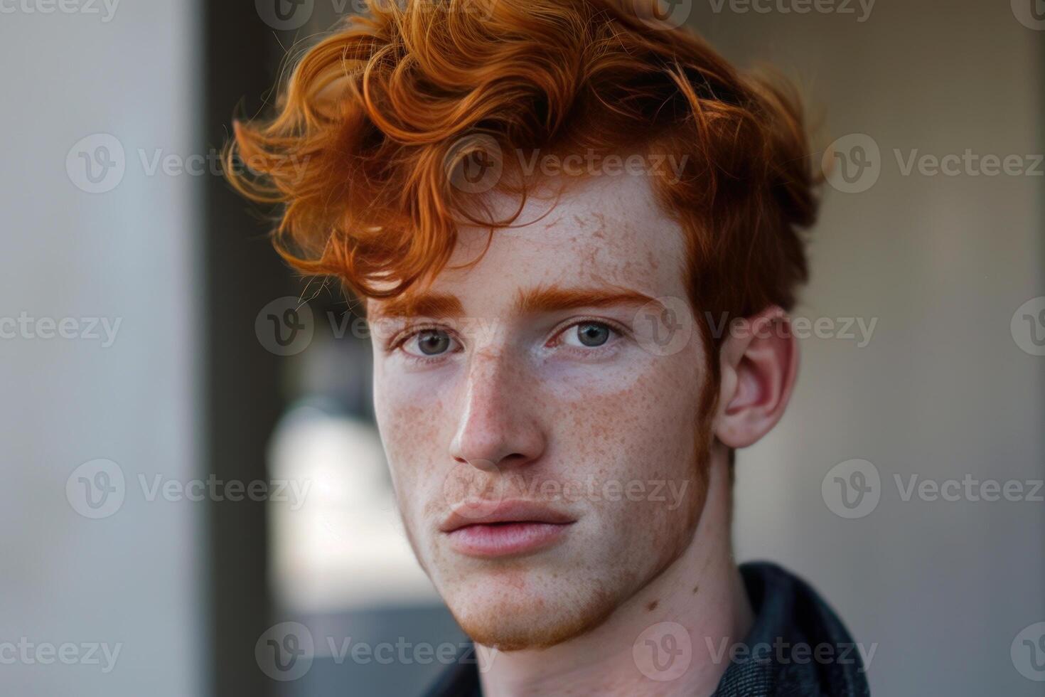 Portrait of young man with red hair and freckles showing confidence photo