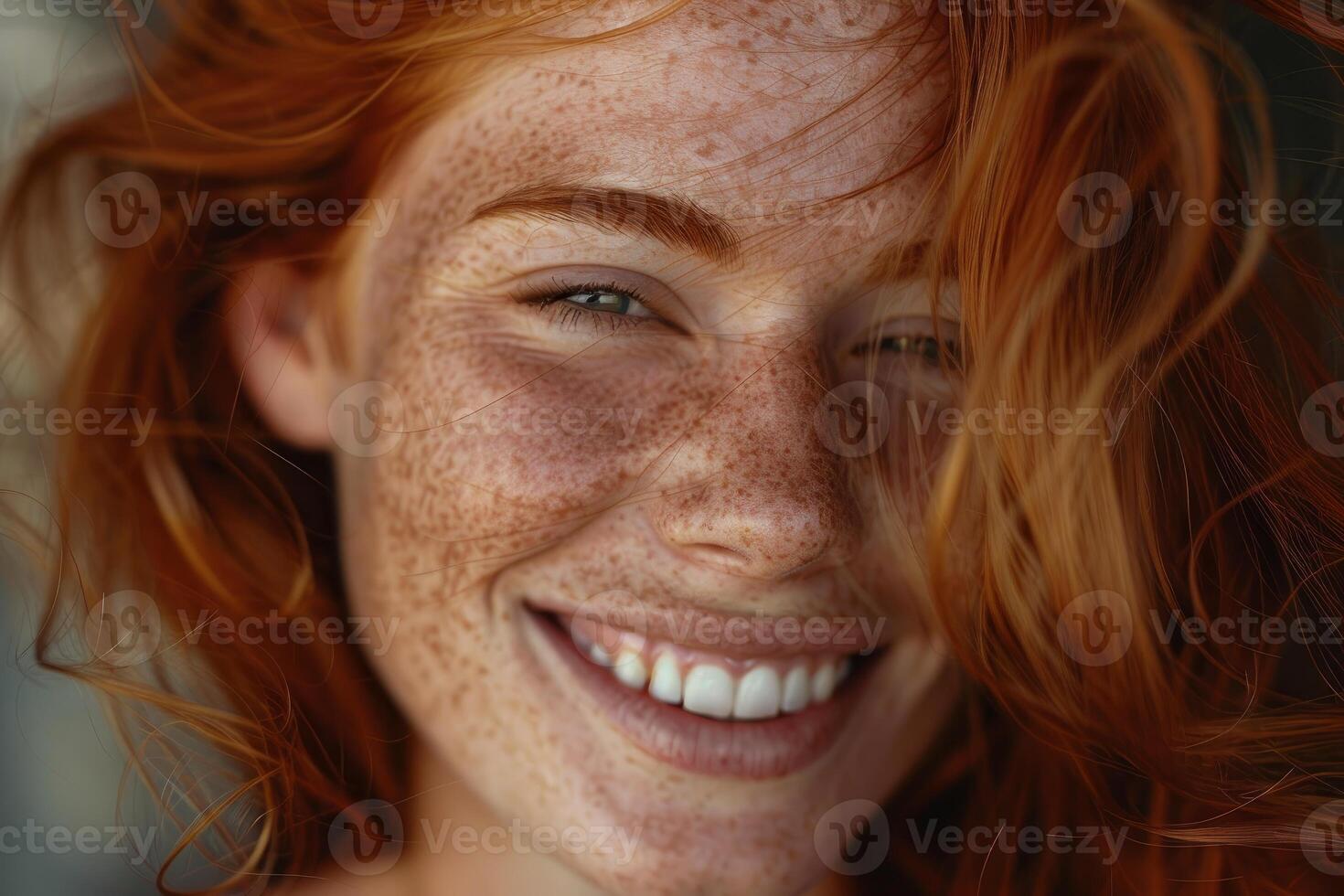 Portrait of smiling redhead woman with freckles showing happiness and joy photo