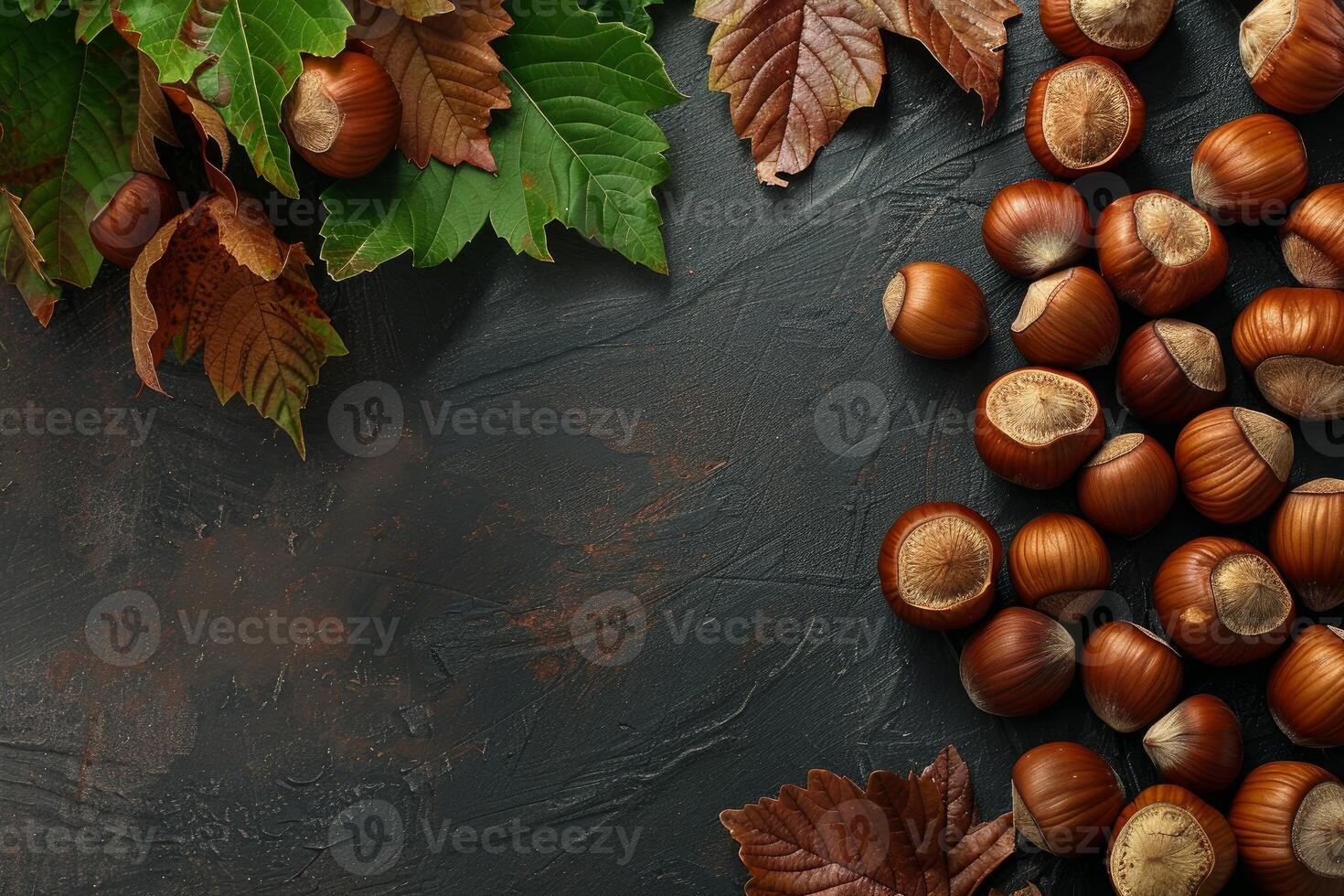 Hazelnuts and autumn leaves creating a rustic still life on dark background photo