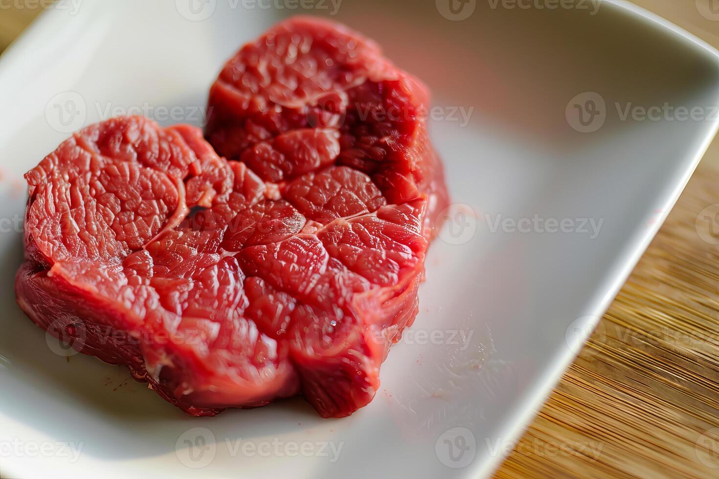 Raw beef steak lying on white square plate on wooden table photo