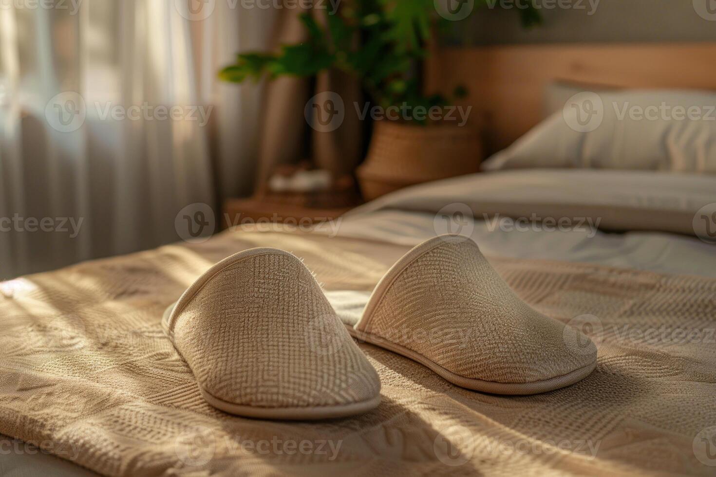 Comfortable home slippers resting on cozy bed in sunlit bedroom photo