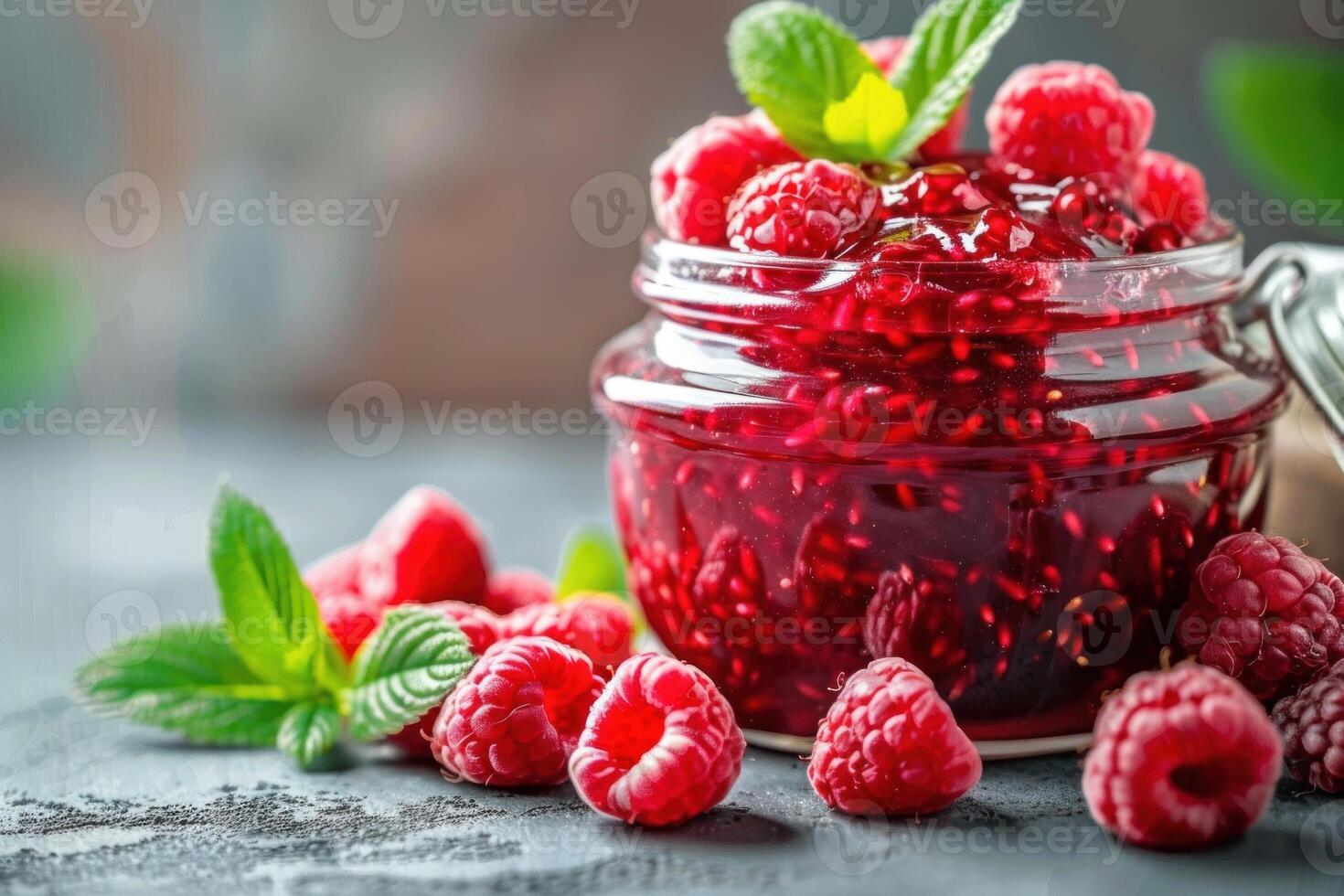 Fresh homemade raspberry jam with mint in glass jar photo