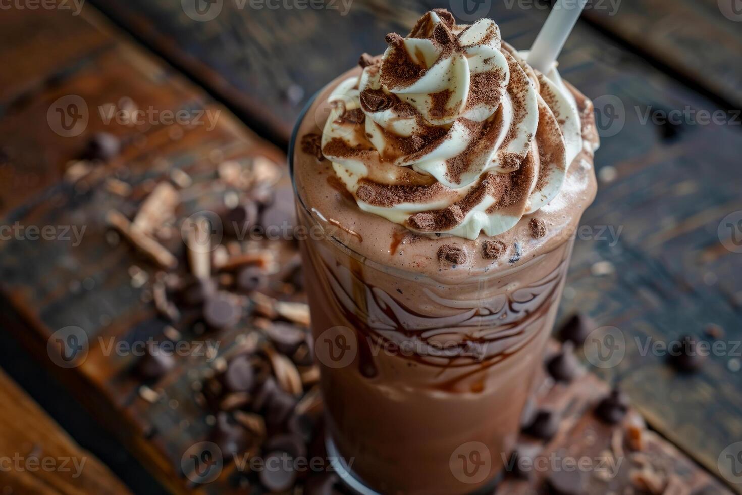 Chocolate milkshake overflowing with whipped cream and chocolate shavings on rustic wooden table photo